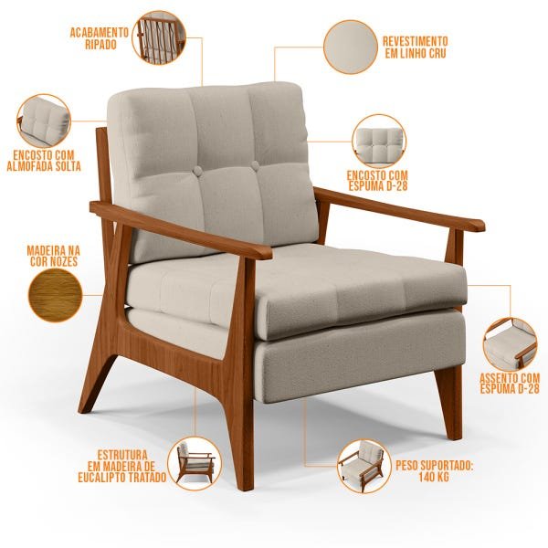 Poltrona Decorativa para Sala de Estar Encosto Ripado Emília B04 Linho Cru - Lyam Decor - 7