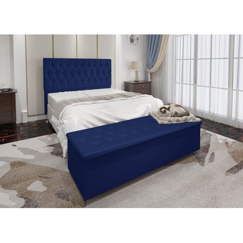 Conjunto Cabeceira Casal e Recamier Baú 1,40m Madrid Suede Azul Marinho Dal Poz Estofados