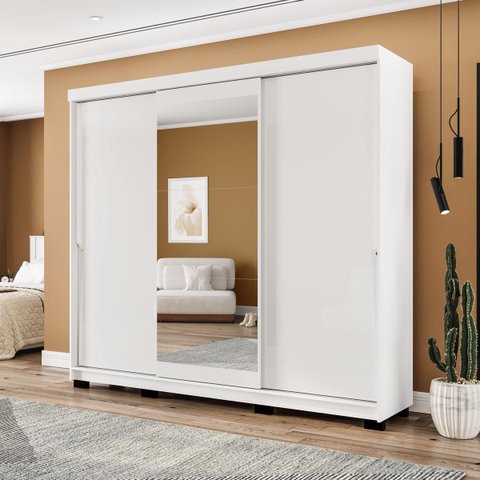 Roupeiro Porto 3 Portas de Correr com Espelho 217x213cm Branco 240850