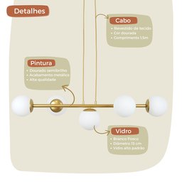 Pendente Jabuticaba Dourado 5 Globos de Vidro Mesa de Jantar:branco Fosco - 3