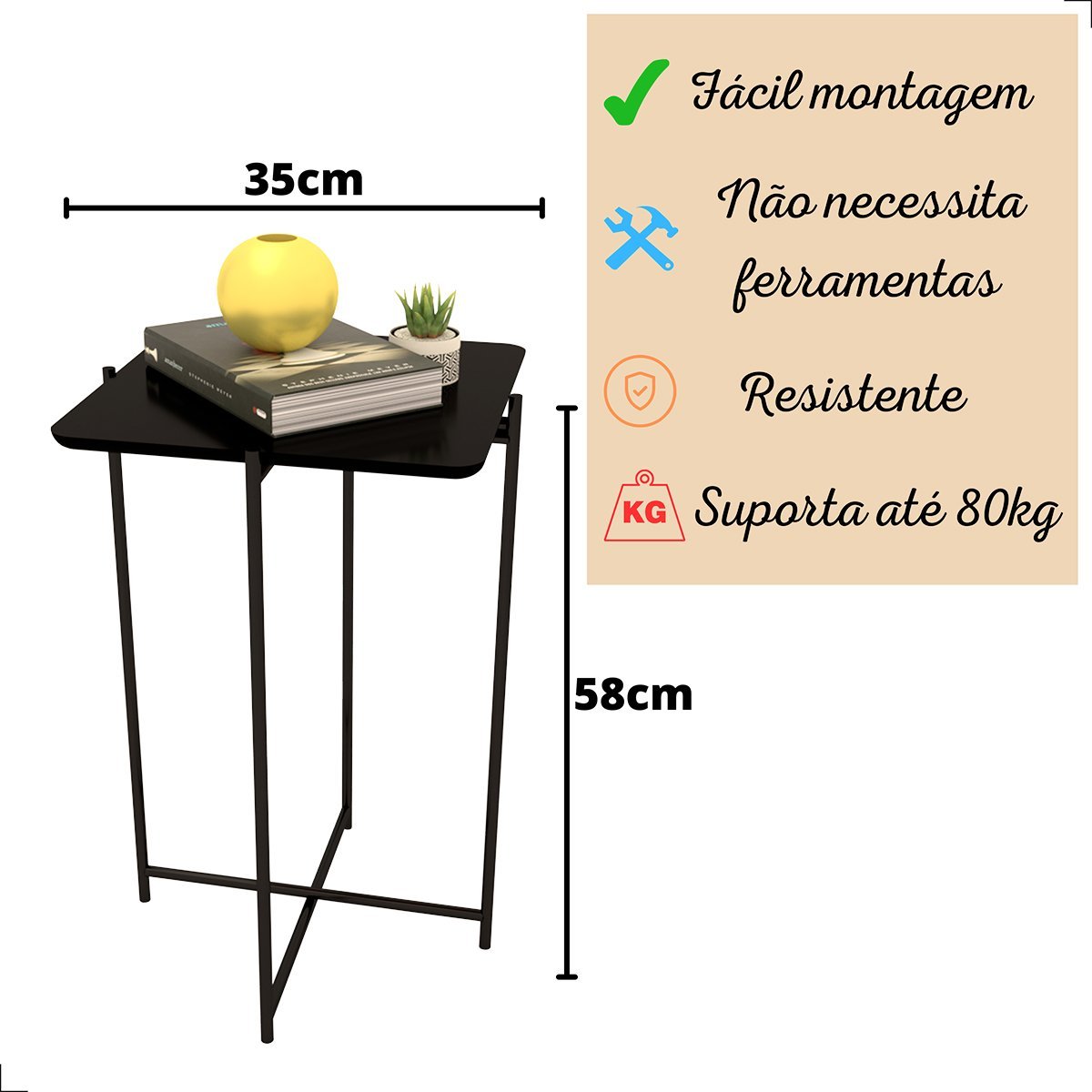 Mesa Mesinha Quadrada Apoio Sala Dobravel Moderna Alta:Preto - 4