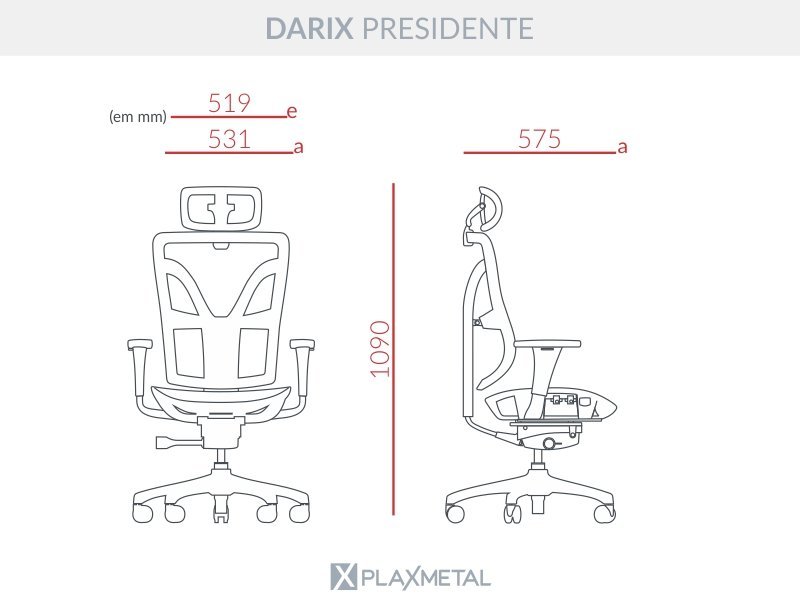 Cadeira Escritório Presidente Giratória Darix Plaxmetal NR17 em Tela Preta - 2