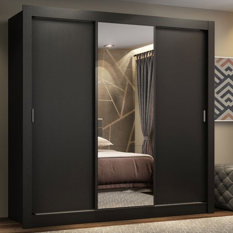 Guarda-Roupa Casal Madesa Lyon Plus 3 Portas de Correr com Espelho 4 Gavetas Preto Cor:Preto
