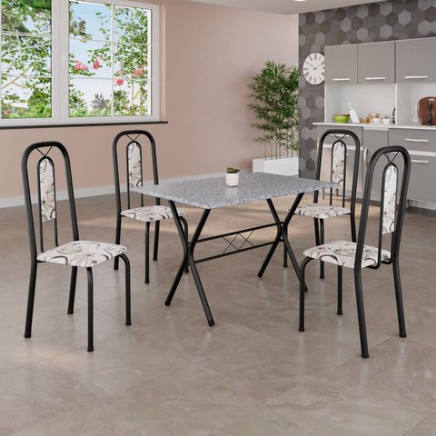 Conjunto de Mesa Tubular 100x60cm Tampo em Granito Ocre com 4 Cadeiras Lívia Preto/Arabesco