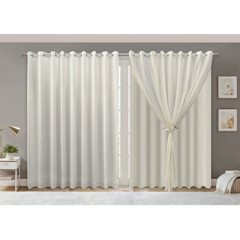 Cortina Voil Trabalhado Paris Forro Microfibra 3,00x2,30 Palha
