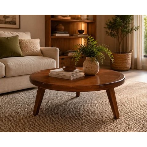 Mesa de Centro Redonda para Sala Madeira Maciça 54cm Castanho