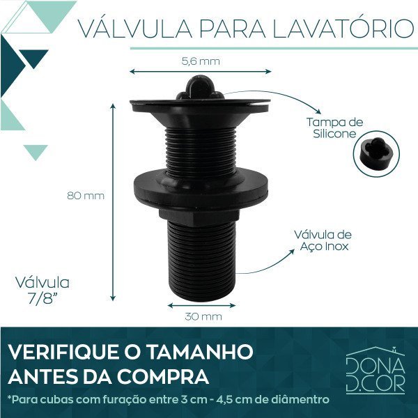 Valvula Preta 7/8 Inox Banheiro Ralo Lavatorio  Pia Louça Cuba preto - 2