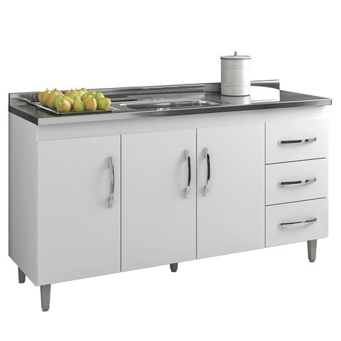 Balcão Isabel com Pia 160cm 3 Portas 3 Gavetas - Doce Sonho Móveis BI/CP/160/3P3G1