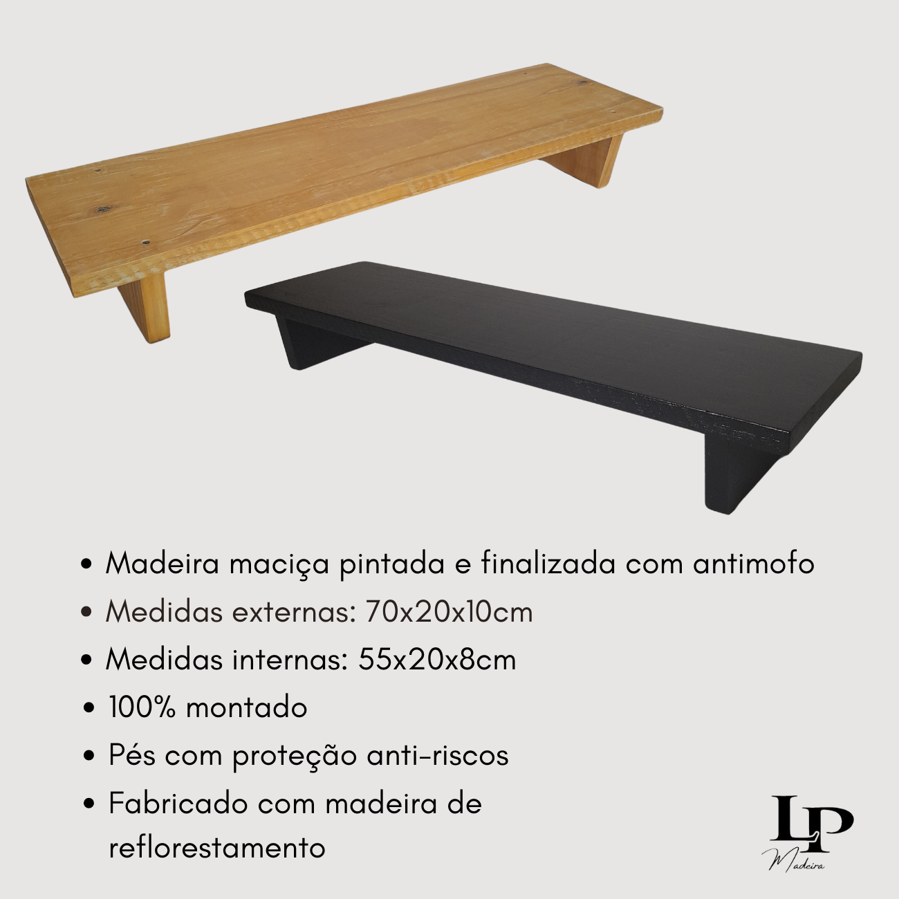 Suporte Base para Monitor Madeira Rustica Maciça 70x20x10cm:preto - 4