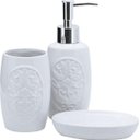 Ver imagem 1 de Kit Porta Sabonete Líquido Porcelana Barroco Branco 3 Peças