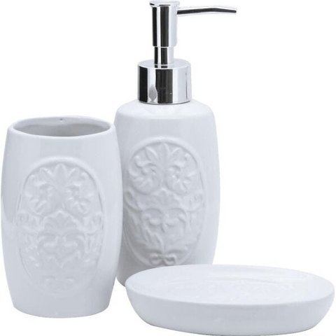 Kit Porta Sabonete Líquido Porcelana Barroco Branco 3 Peças