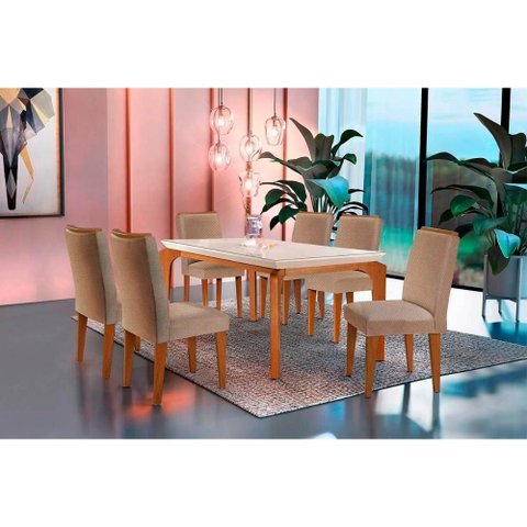 Sala de Jantar Completa Londrina Tampo Madeirado C/ Vidro 180cm + 6 Cadeiras Lunara Imbuia/linho Rú