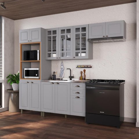 Armário de Cozinha Modulada Compacta Fidelitá Nara 100% MDF 4 Peças 270cm 12 Portas 2 Gavetas sem