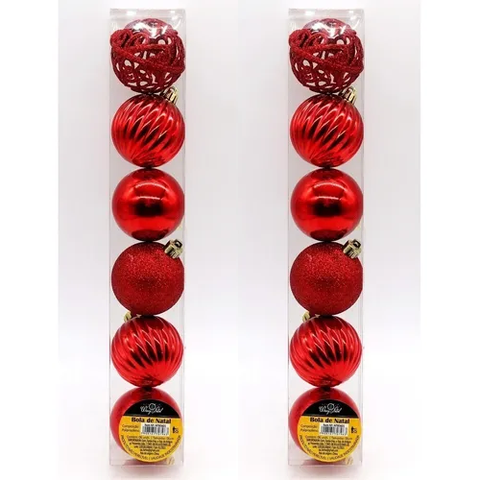 Kit 12 Bolas de Natal Brilhante Texturas Luxo - Vermelho