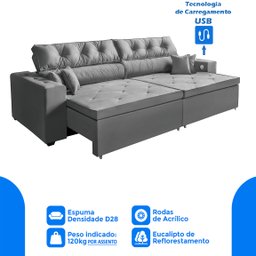 Sofá 5 Lugares SMART Retrátil, Reclinável 3,02 Metros com Carregador USB e 2 Puffs Cinza - 4