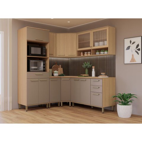 Cozinha Completa de Canto 100 Mdf 7 Peças com Tampo e Espaço Forno e Micro-ondas 378cm Duna Luciane
