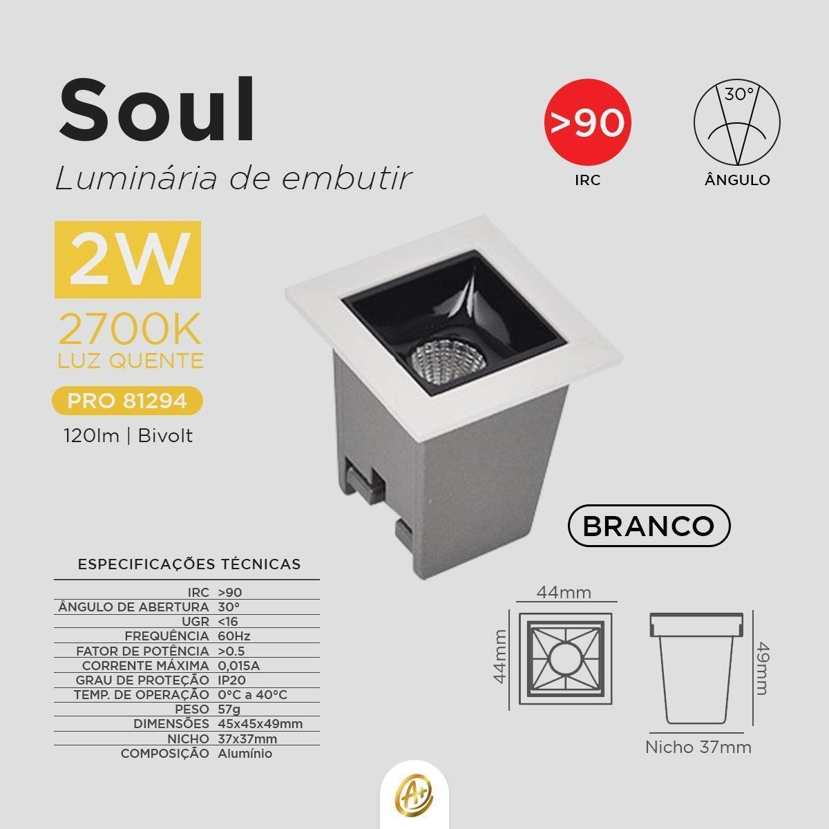 Luminária Spot Led Embutir Picco 2w 2700k Quente Quadrado - 2