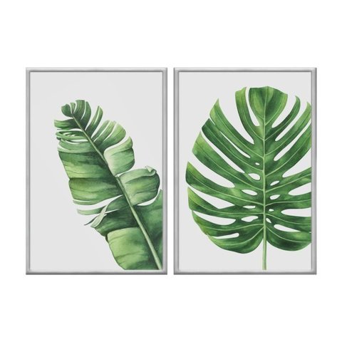 Kit 02 Quadros Decorativos - Aquarela Folhas Tropicais Flnt043 - Vidro com Impressão Uv - 60x80cm