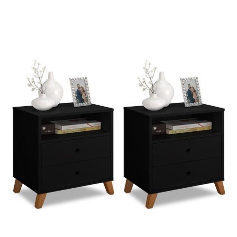 Conjunto 2 Criados de Cabeceiras 2 Gavetas e 1 Nicho Preto