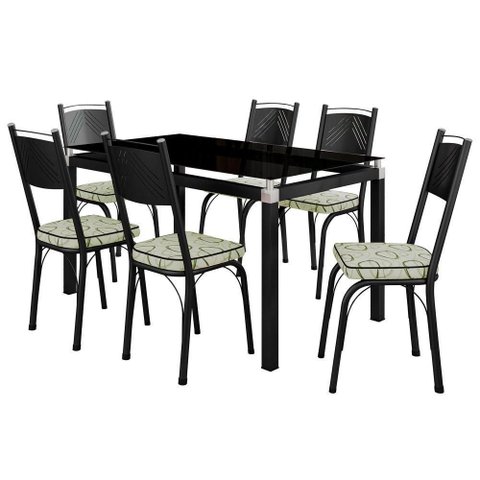 Conjunto de Mesa Malva Base 4118 com 6 Cadeiras Tampo de Vidro 140cm Preto Fosco Artefamol Móveis