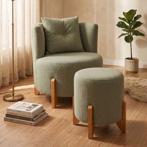 Kit Poltrona e Puff Luna Decorativa Curvo Orgânico Boucle Verde Montanaris Decor