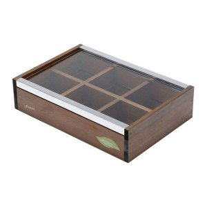 Caixa de Madeira para Chá com Tampa de Vidro e 6 Divisórias Naturals 25,5cmx17cmx6cm Rojemac