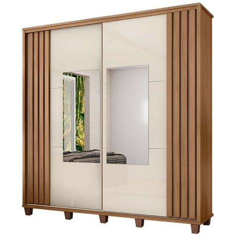 Roupeiro Casal 228cm Portas Correr Com Espelho Monte Carlo RV Móveis Cinamomo Ripado/Off White