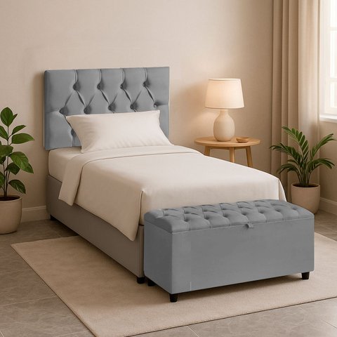 Cabeceira Solteiro Paris Estofada Painel com Recamier Baú 80cm para Cama Box Cinza - Arkell