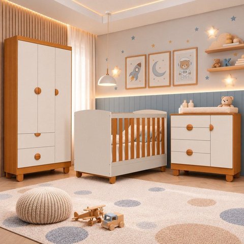 Quarto Apolo para Bebê Completo com Berço 2 em 1 Cômoda com Porta e Guarda-Roupas 3 Portas 100% MDF