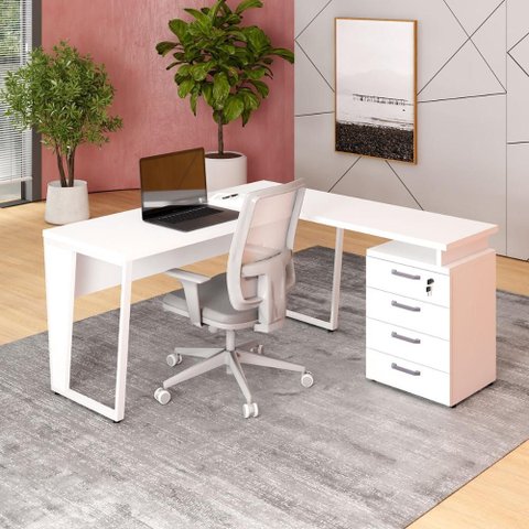 Mesa L 150cm Pé Metal Gaveteiro 4 Gavetas e Chave F5 Office Cor:branco