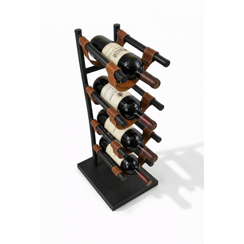 Adega Suporte de Bebidas Mesa Porta 4 Garrafas em Aço e Couro Decorativa Preta