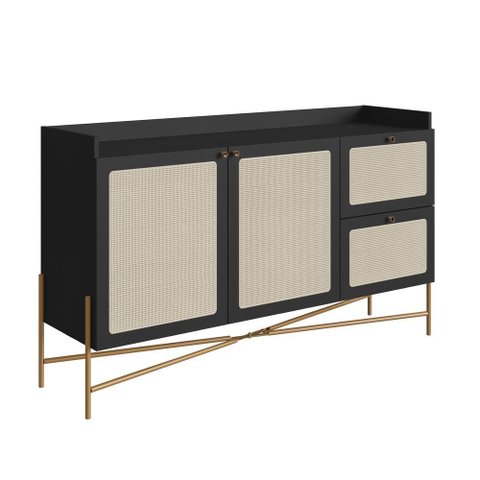 Balcão Buffet 2 Portas 2 Gavetas 139cm Palhinha Pé Metal Oslo Artesano | Nero/dourado