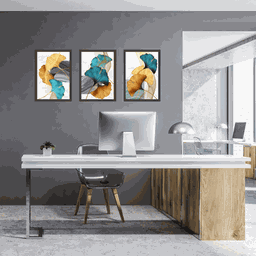 Tríptico - Quadros Decorativos Floral Azul Dourado Grande:Madeira - 2