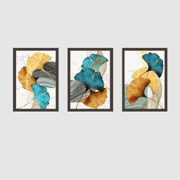 Tríptico - Quadros Decorativos Floral Azul Dourado Grande:Madeira - 1