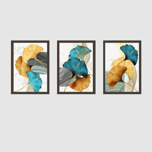 Tríptico - Quadros Decorativos Floral Azul Dourado Grande:Madeira