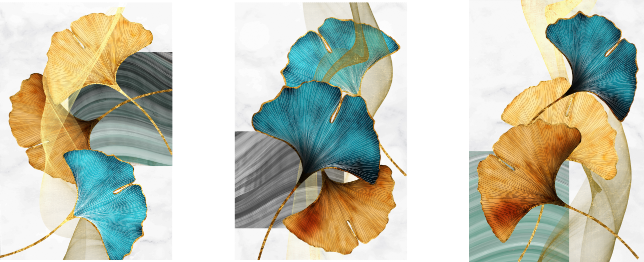 Tríptico - Quadros Decorativos Floral Azul Dourado Grande:Madeira - 4