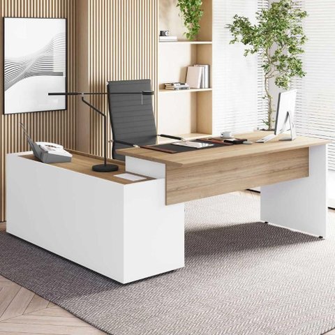 Mesa para Escritório em L Diretor Moderno 3 Gavetas MDF MDP 180cm Macadâmia F5 Office
