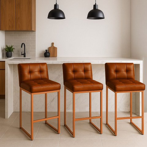 Banqueta Cozinha Alta com Encosto Industrial Kit 3 Bronze Lirina Pu C05 - D’Rossi