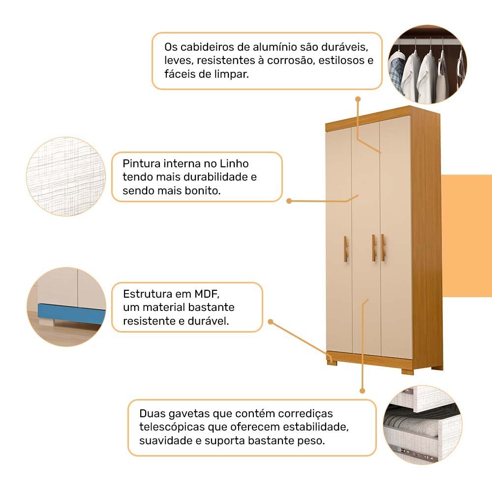 Guarda Roupa Solteiro com 3 Portas e 2 Gavetas Lana ACP MÓVEIS Nature/Off White - 100% MDF - 3