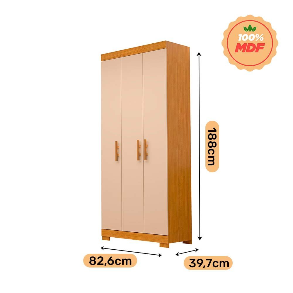 Guarda Roupa Solteiro com 3 Portas e 2 Gavetas Lana ACP MÓVEIS Nature/Off White - 100% MDF - 4