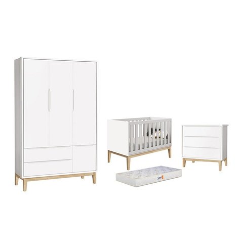 Dormitório Classic 3 Portas, Cômoda 3 Gavetas Branco com Pés Madeira Natural e Colchão D18 - Reller 