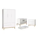 Ver imagem 1 de Dormitório Classic 3 Portas, Cômoda 3 Gavetas Branco com Pés Madeira Natural e Colchão D18 - Reller 