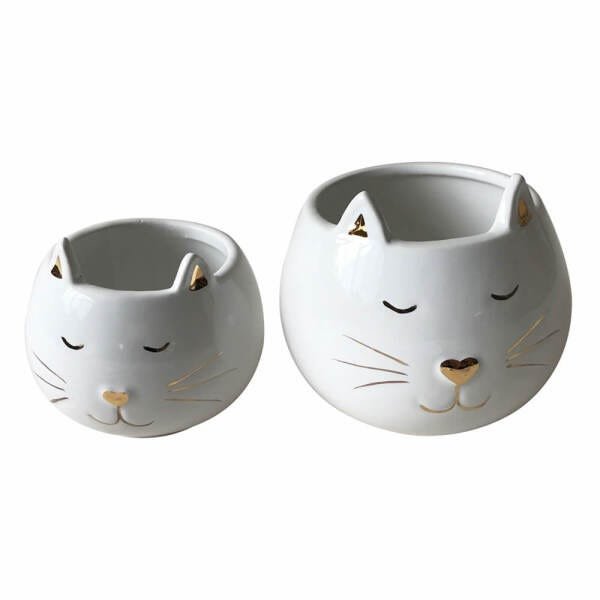 Conjunto de Cachepot em Cerâmica Gato Branco com Dourado