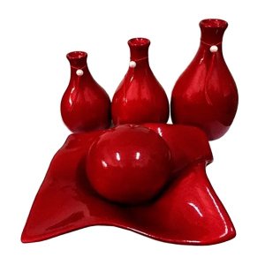 Jogo de Vasos Trio Garrafas e Centro de Mesa em Cerâmica - Vermelho