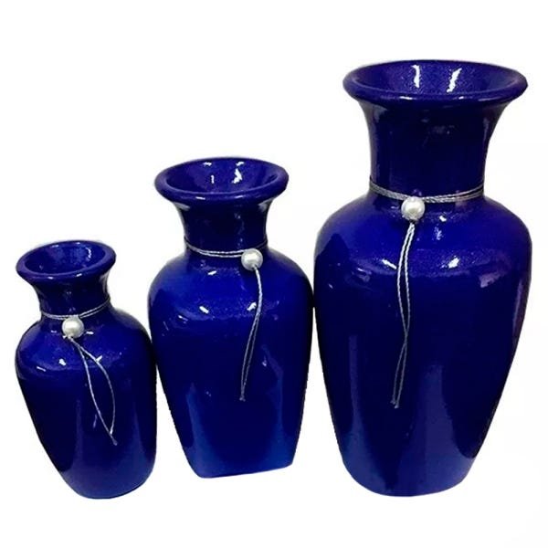 Trio Vasos Urnas Jad em Cerâmica de Aparador Decor - Azul Royal - 1