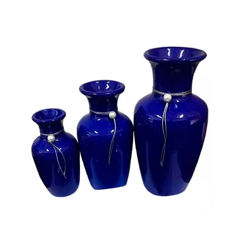 Trio Vasos Urnas Jad em Cerâmica de Aparador Decor - Azul Royal