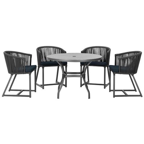 Mesa com 4 Cadeiras de Jantar Roma 100cm e Noronha em Aluminío Preto Corda Nautica Estofado 12 Trama