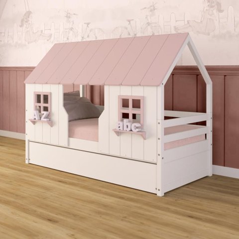 Bicama Casinha Encantada Madeira Maciça Branco/ Rosa Megamobilia