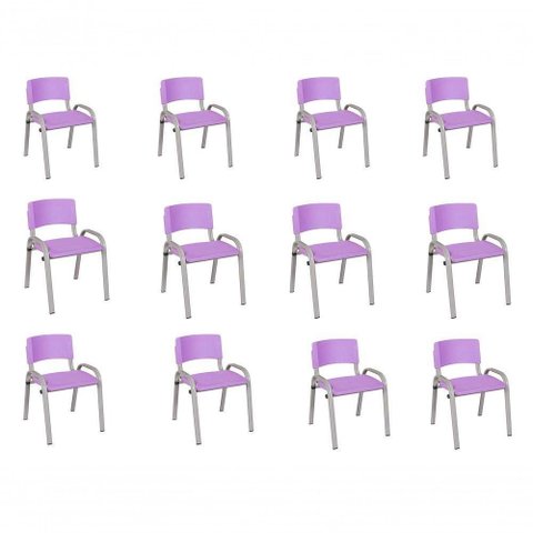 Kit 12 Cadeira Iso Infantil Creche, Base Cinza Lilas