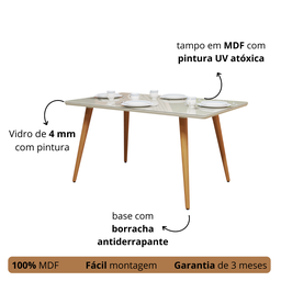Mesa Retangular 4 Lugares com Pés Palito e Tampo de Vidro Mdf:off White - 3